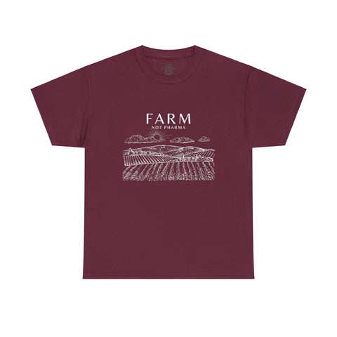 Maroon short sleeve t-shirt with 'Farm Not Pharma' in bold white letters