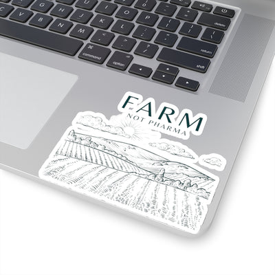 White sticker with 'Farm Not Pharma' in vibrant green text