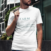 White short sleeve t-shirt with 'Farm Not Pharma' in bold green letters