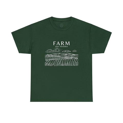Green short sleeve t-shirt with 'Farm Not Pharma' in bold white letters