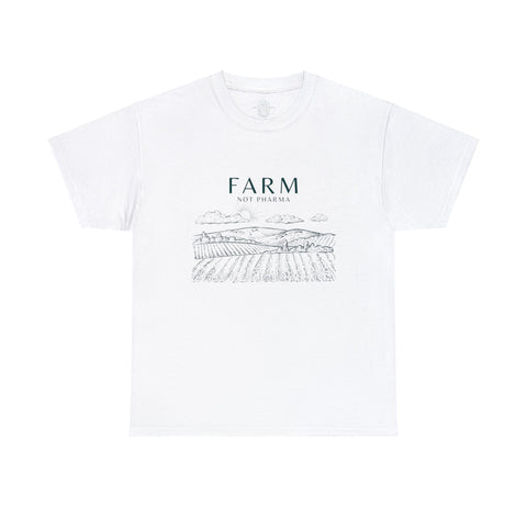 White short sleeve t-shirt with 'Farm Not Pharma' in bold green letters